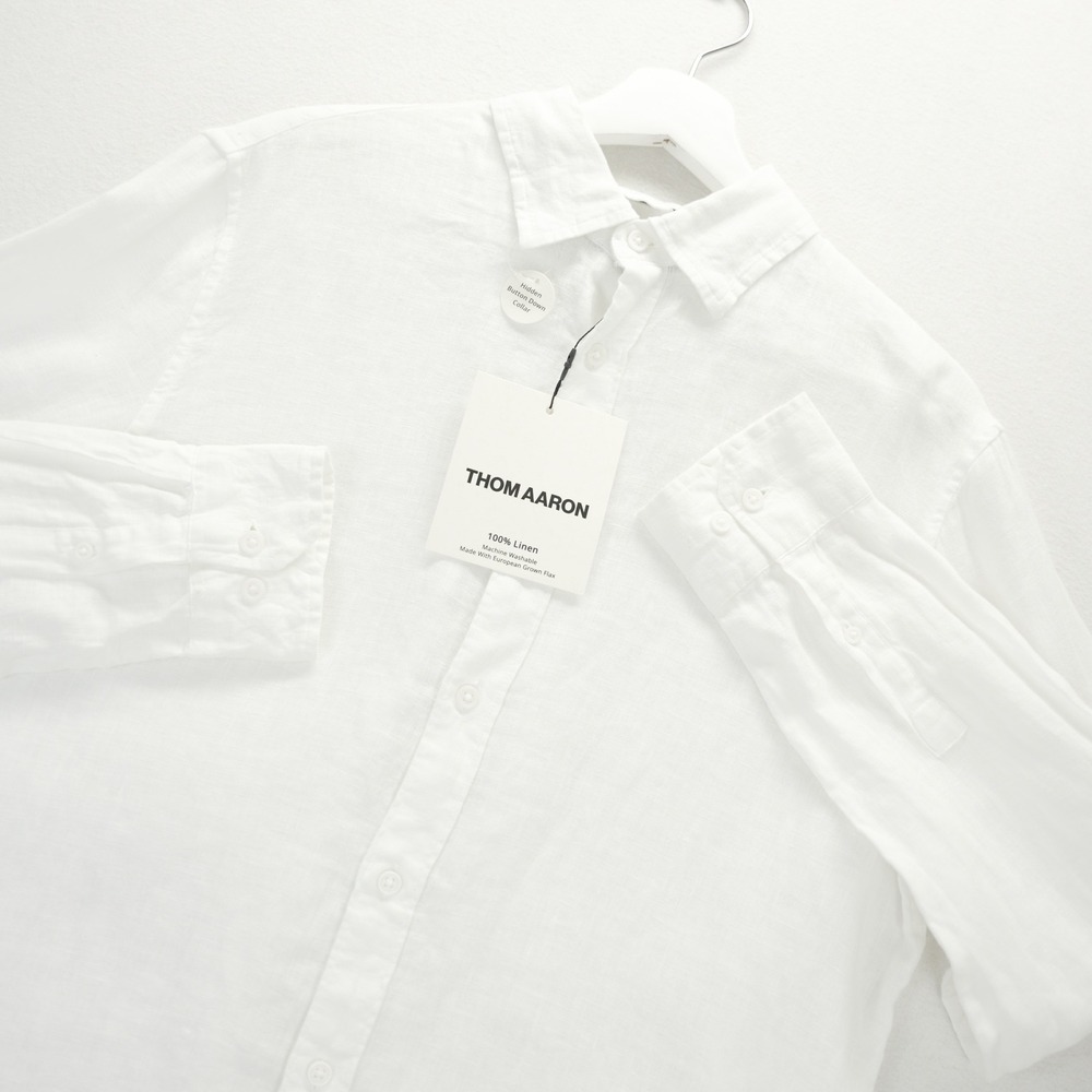 Thom Aaron Mens 100% Linen Long Sleeve Hidden Button Down Shirt White Size M